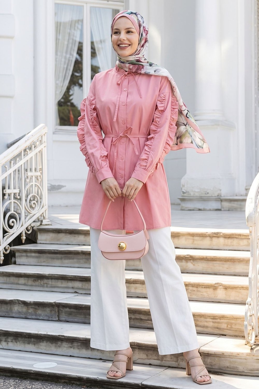 Fırfır Kol Kuşaklı Pembe Tunik