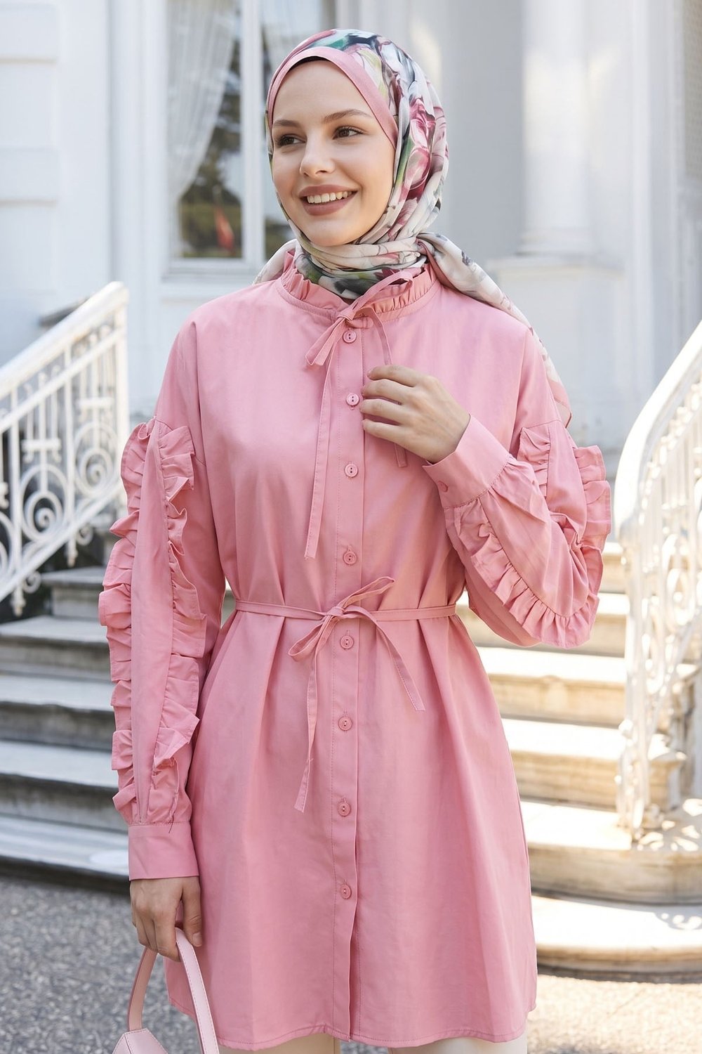 Fırfır Kol Kuşaklı Pembe Tunik