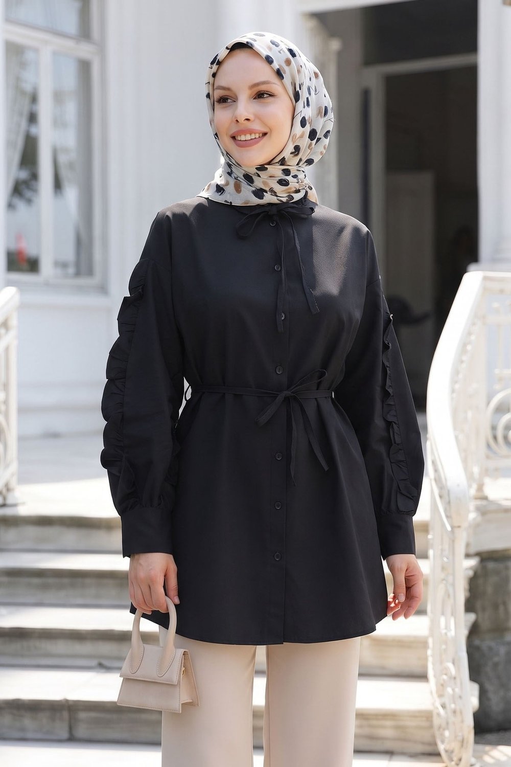 Fırfır Kol Kuşaklı Siyah Tunik