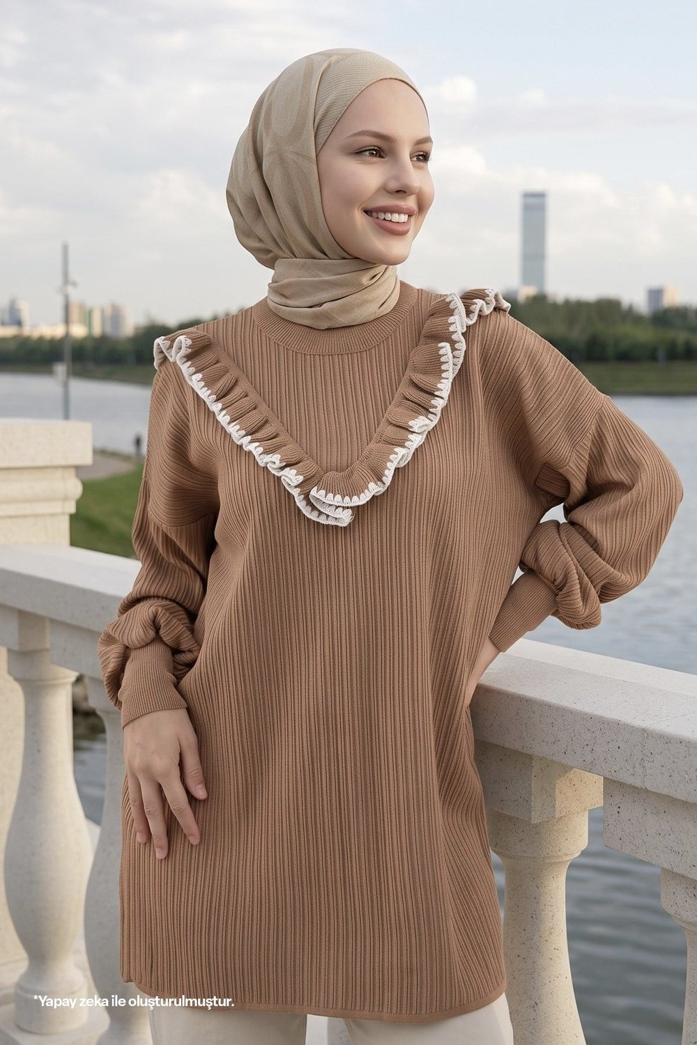 Ruffled Stitch Detail Camel Knit Sweater
