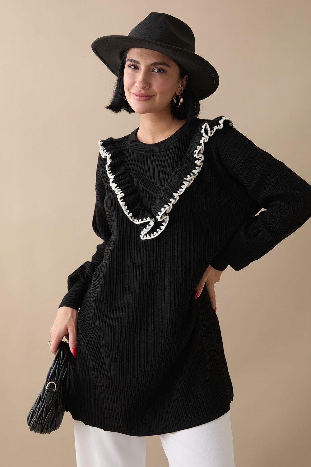 Ruffled Stitch Detail Black Knit Sweater
