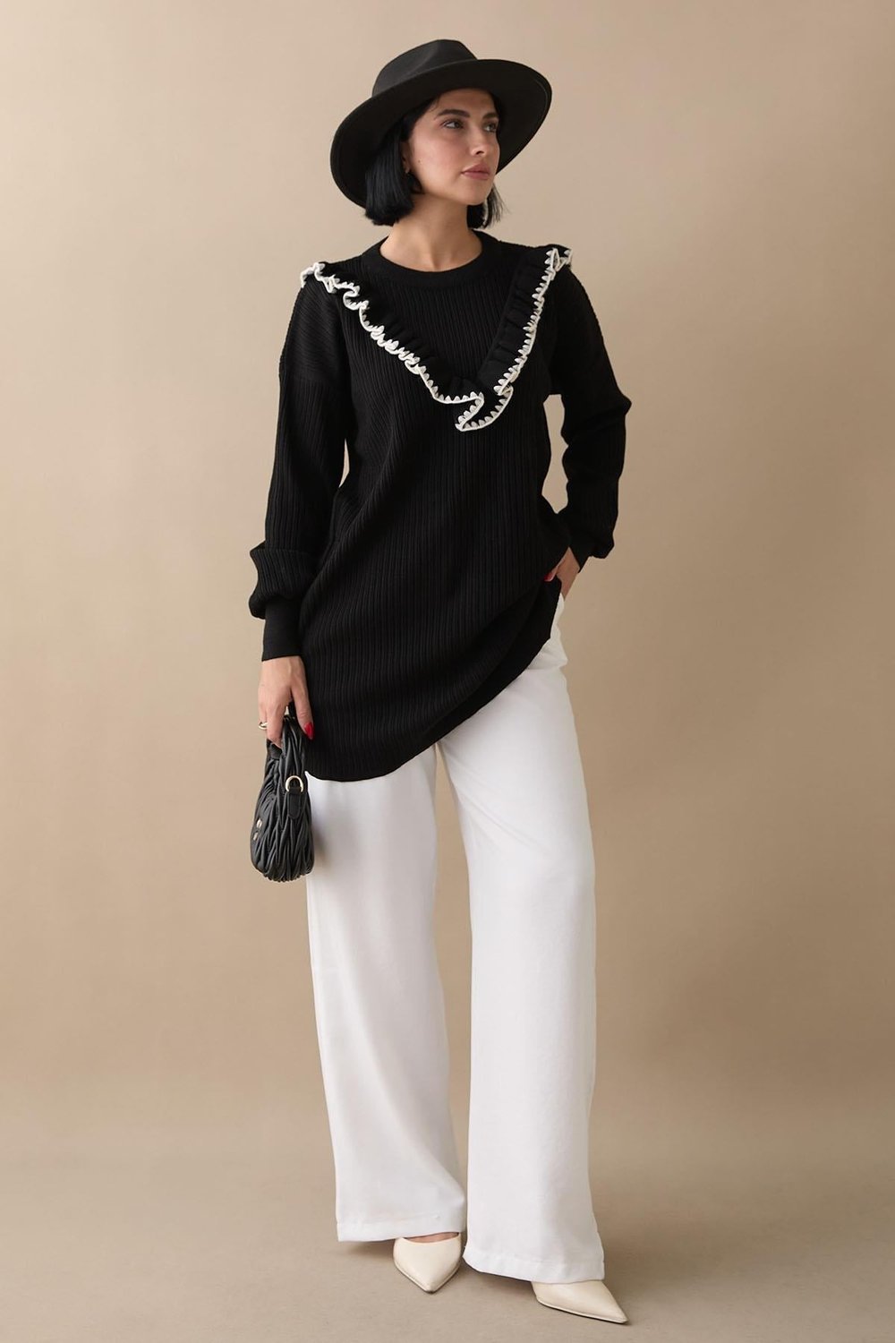 Ruffled Stitch Detail Black Knit Sweater