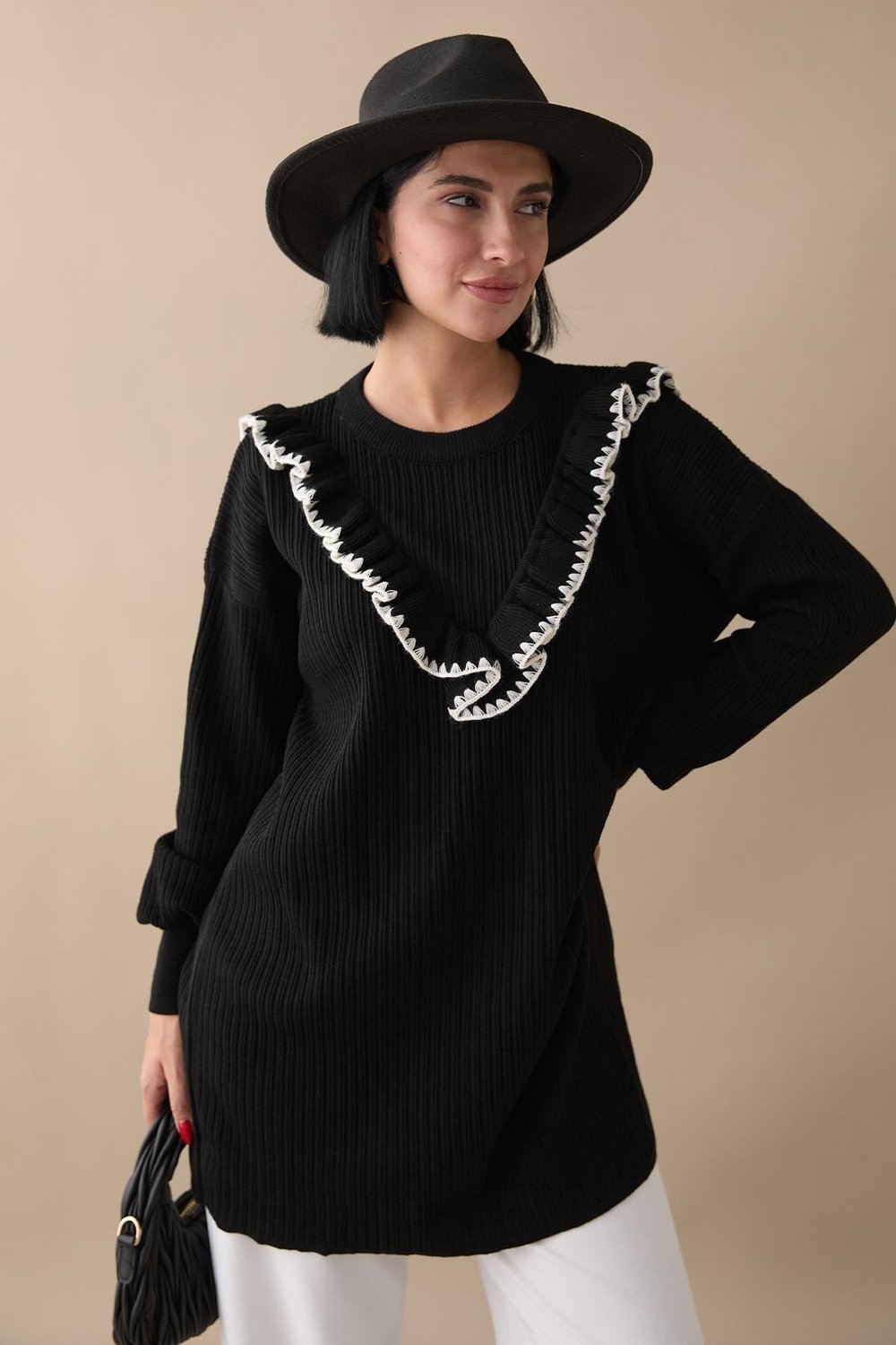 Ruffled Stitch Detail Black Knit Sweater