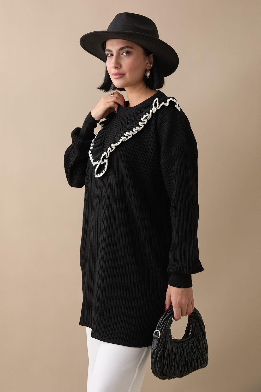 Ruffled Stitch Detail Black Knit Sweater