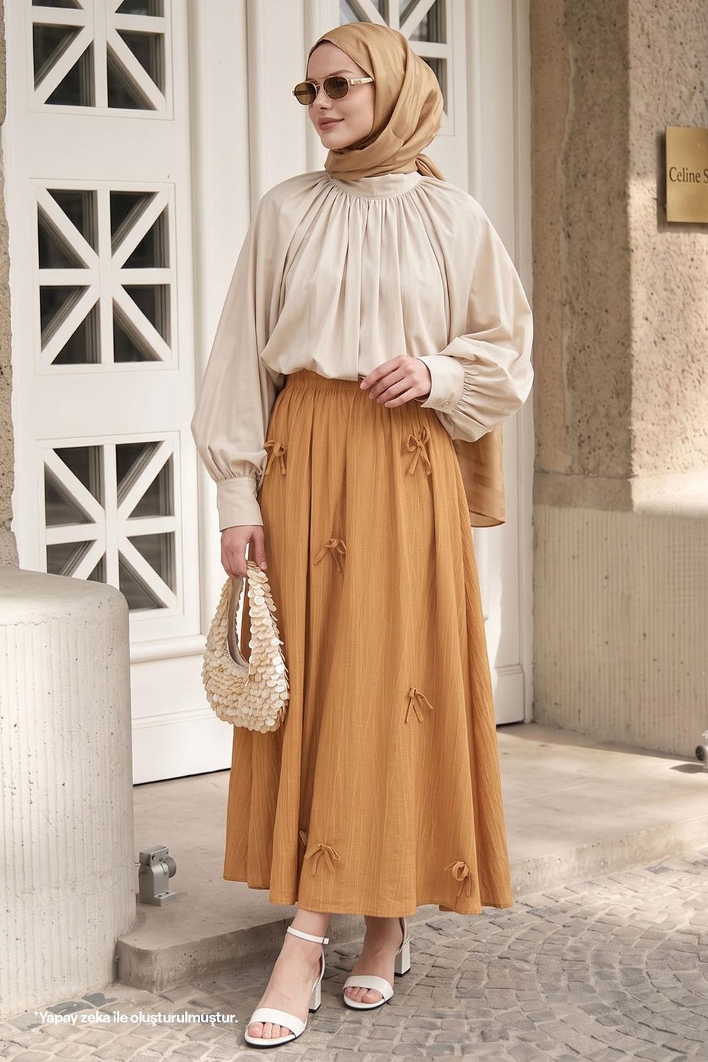 Fiyonk Detay Beli Lastikli Camel Etek