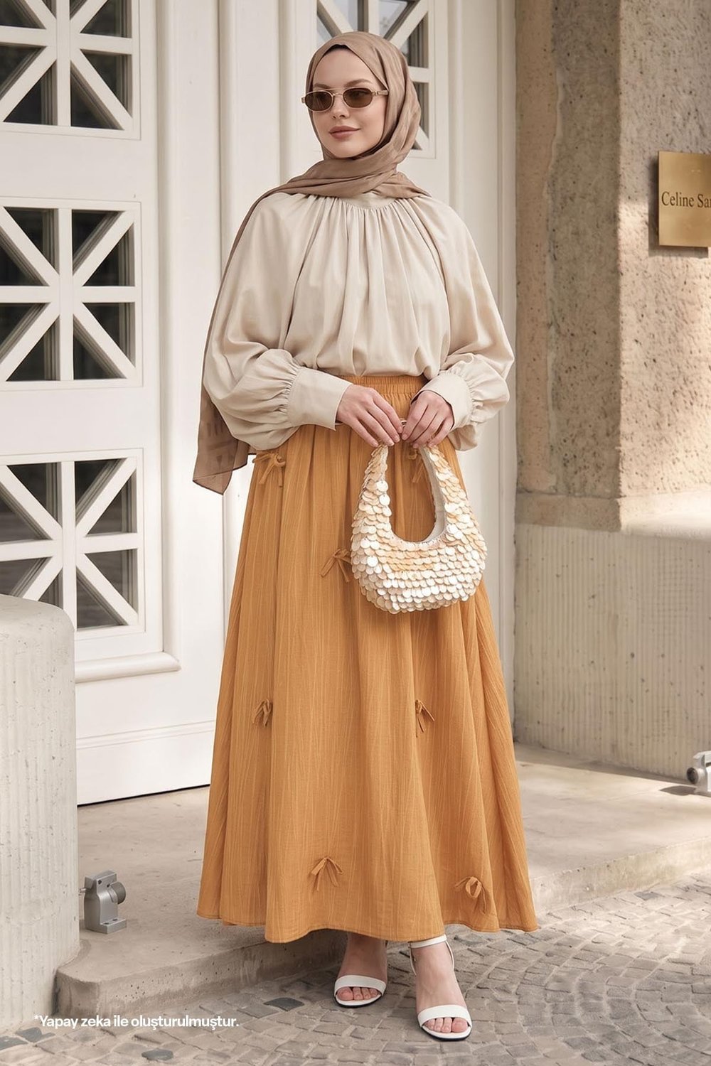 Fiyonk Detay Beli Lastikli Camel Etek