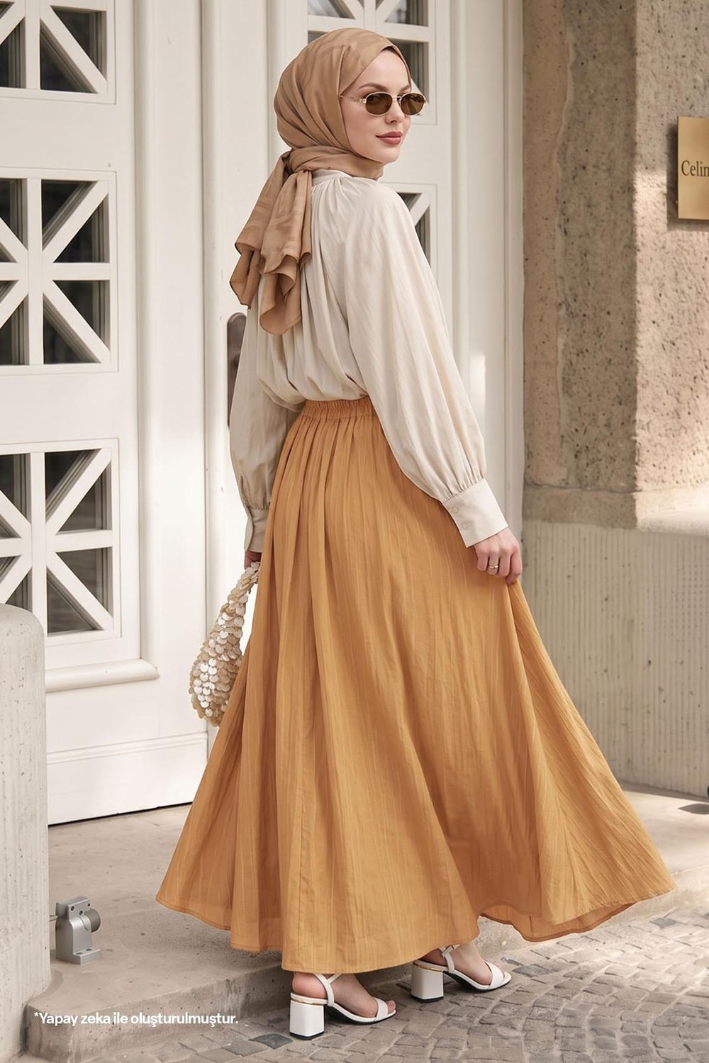 Fiyonk Detay Beli Lastikli Camel Etek
