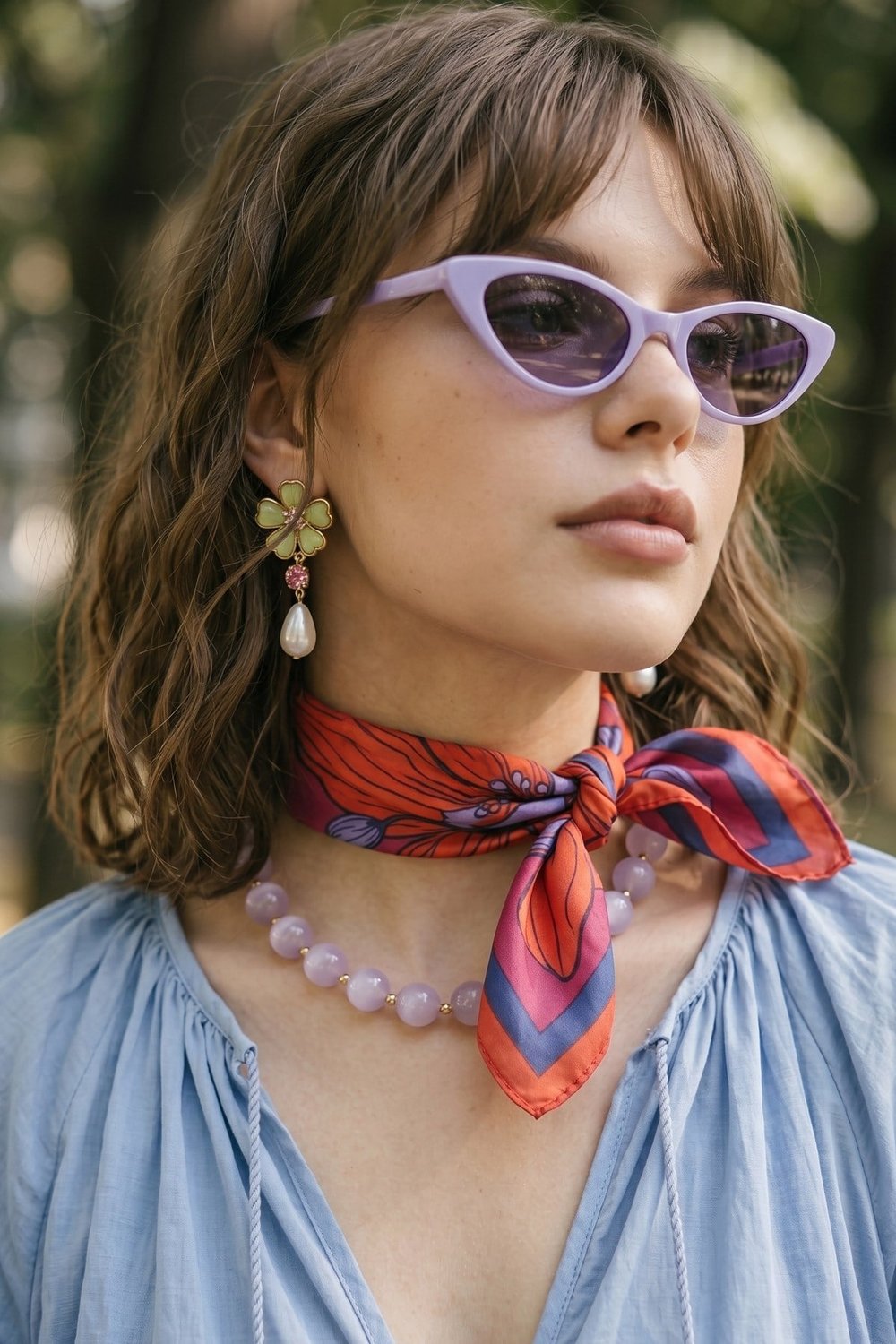Floral Desenli Kırmızı-Pembe Bandana Fular 50x50