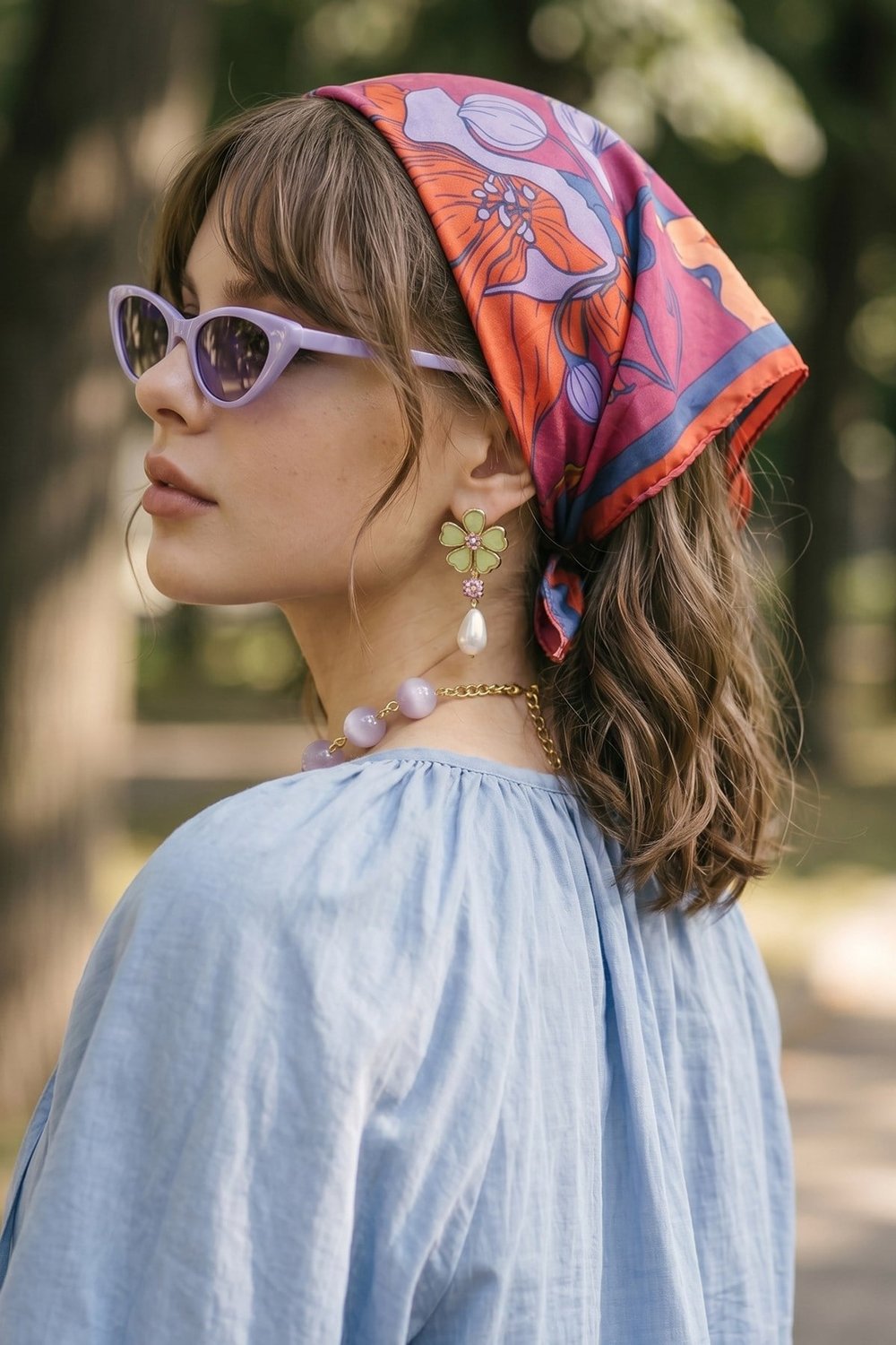 Floral Desenli Kırmızı-Pembe Bandana Fular 50x50