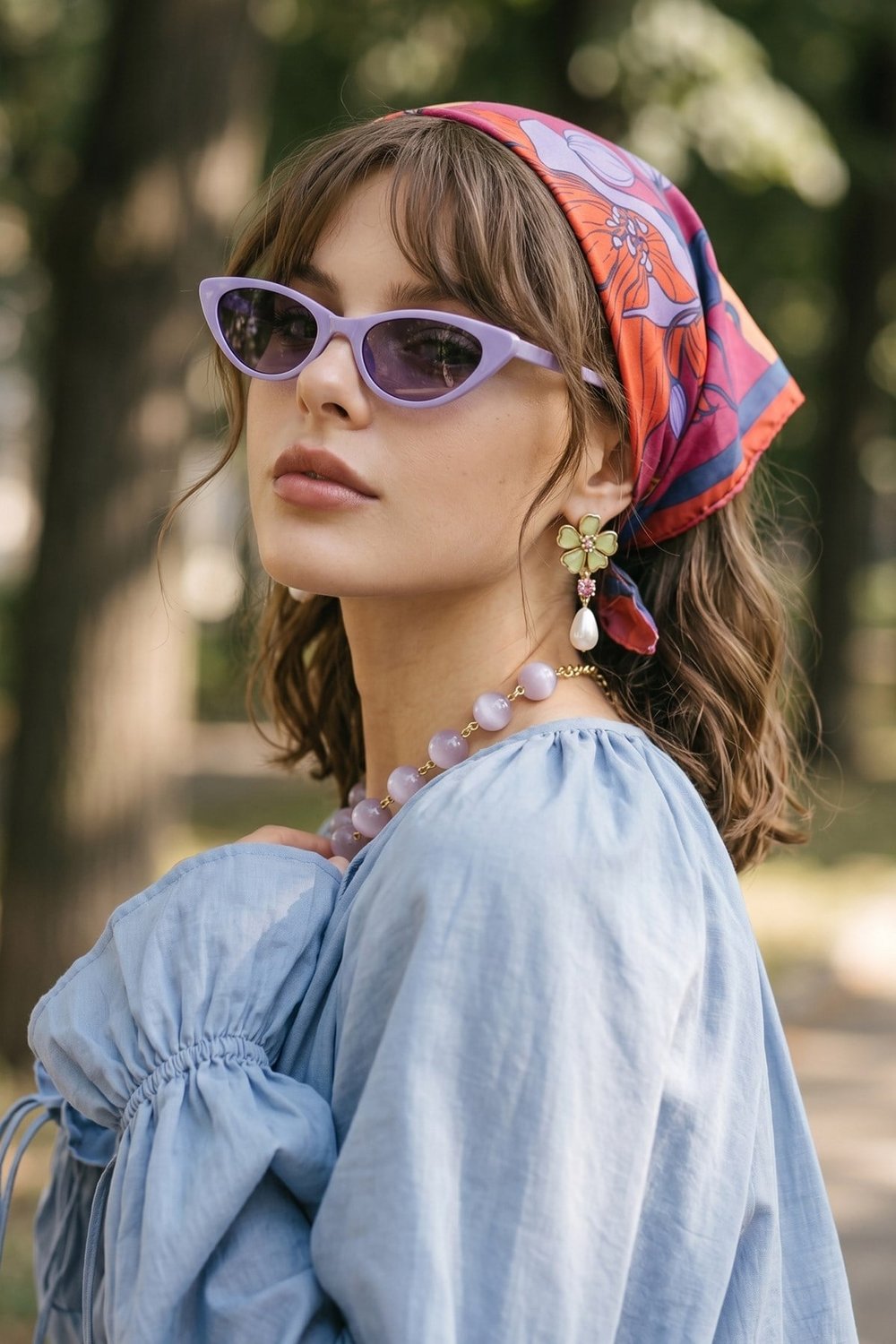 Floral Desenli Kırmızı-Pembe Bandana Fular 50x50
