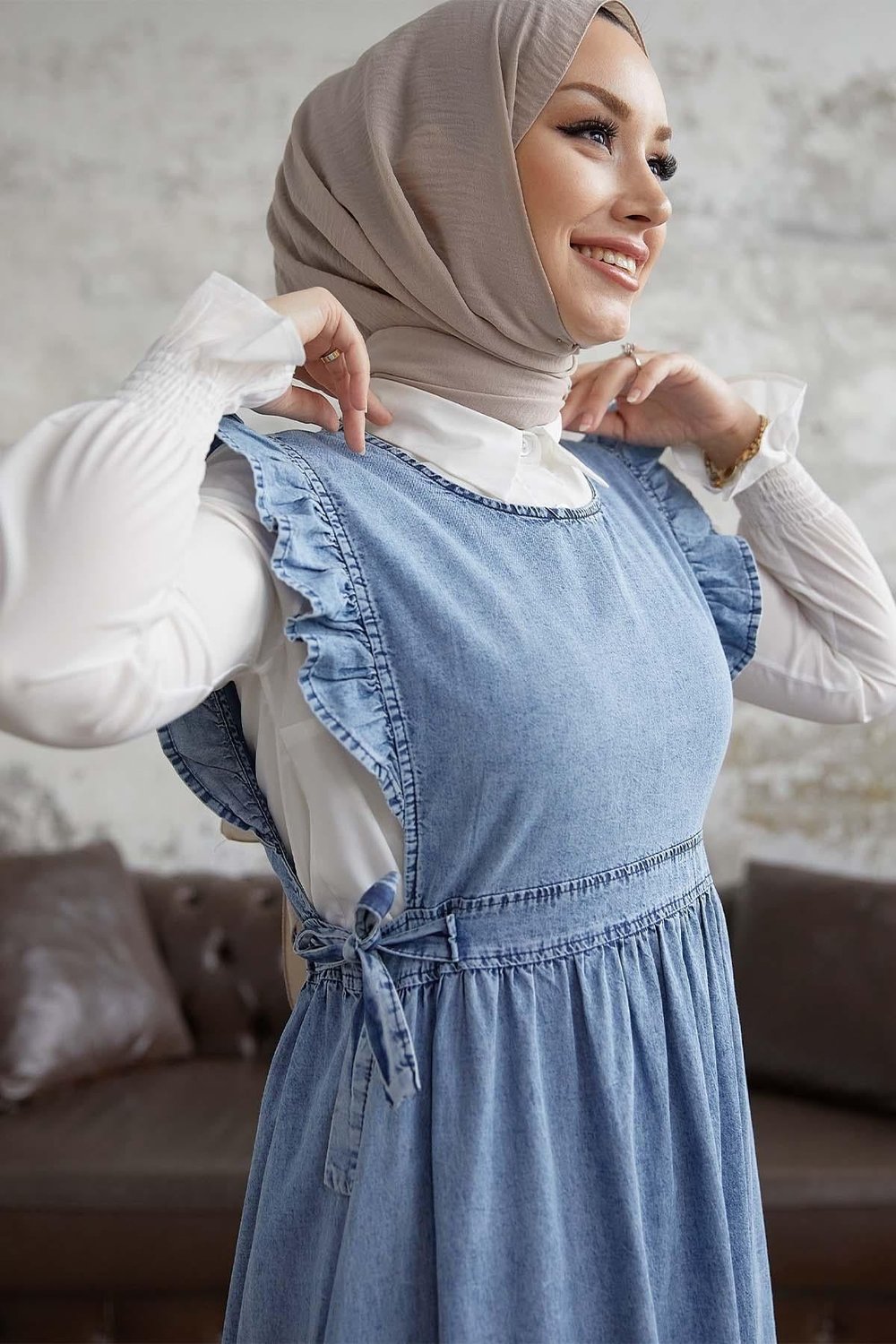Frida Omuzu Fırfırlı Kot Jile Elbise - Açık Mavi