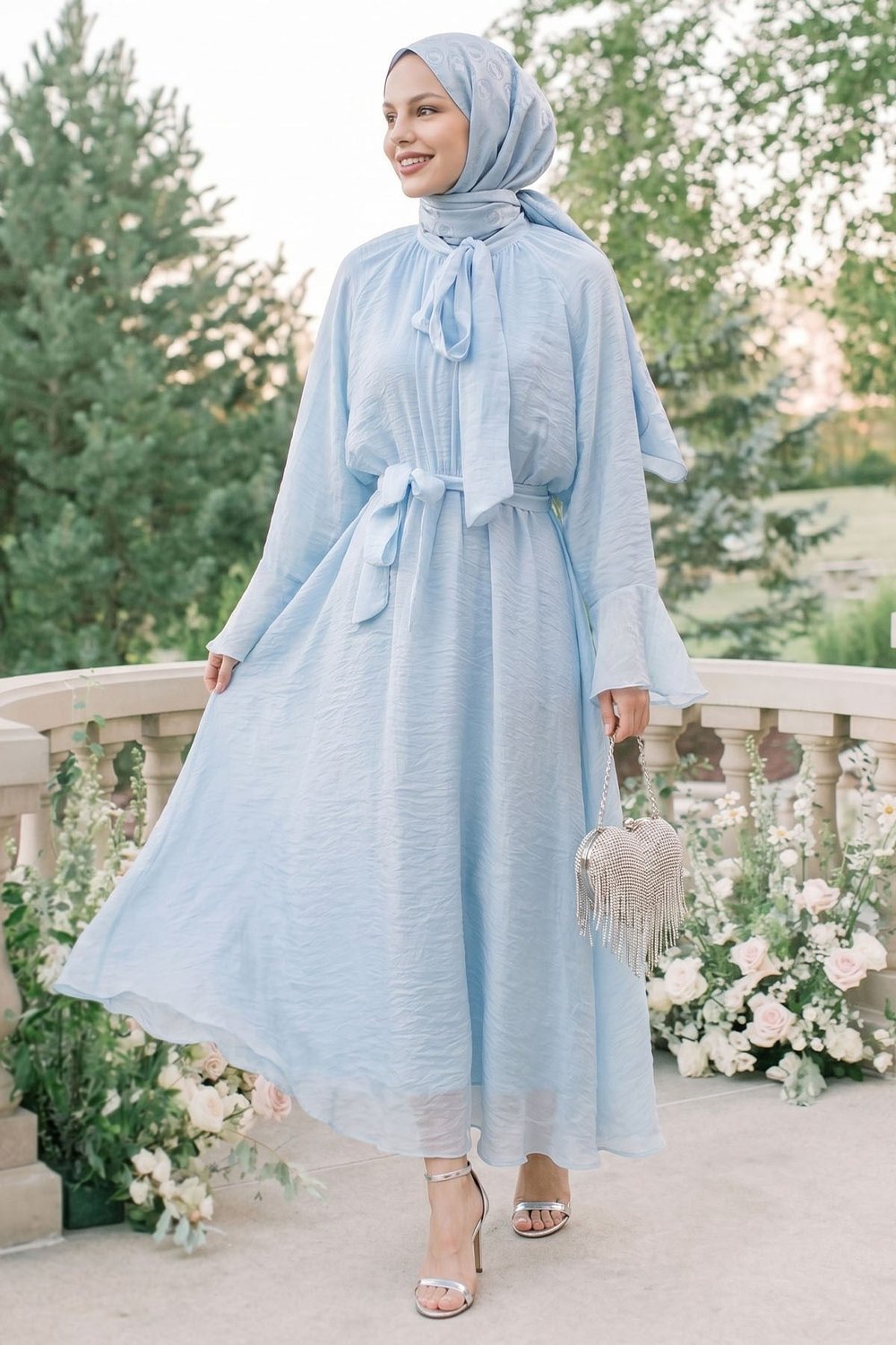 Fularlı Geniş Kol Bebe Mavisi Elbise