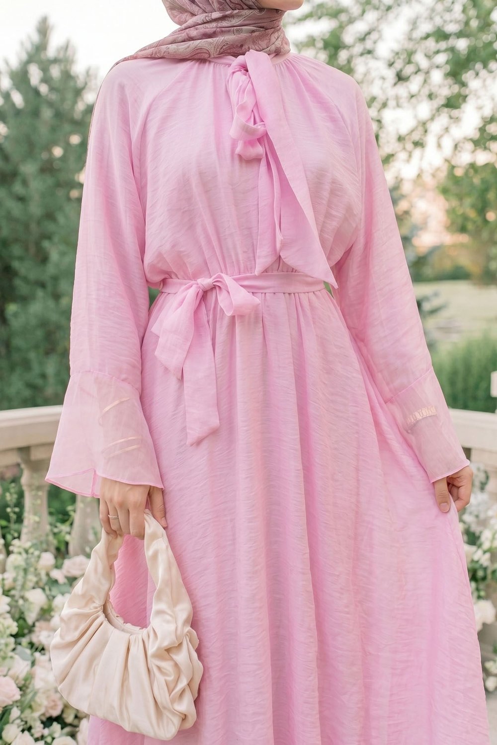 Fularlı Geniş Kol Pembe Elbise