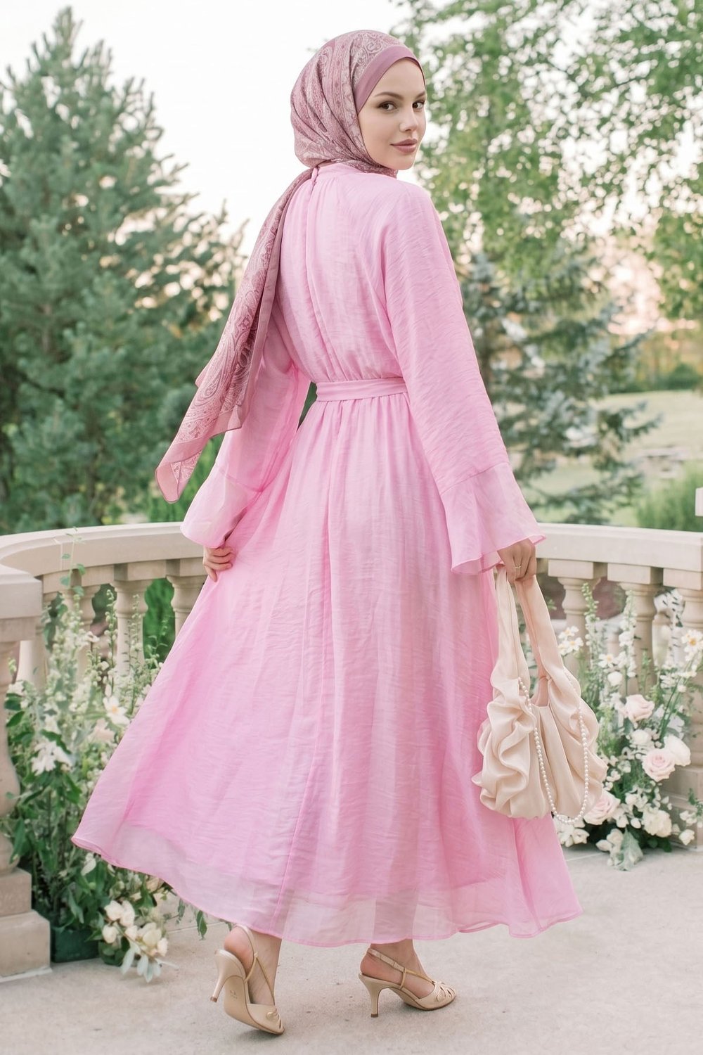 Fularlı Geniş Kol Pembe Elbise