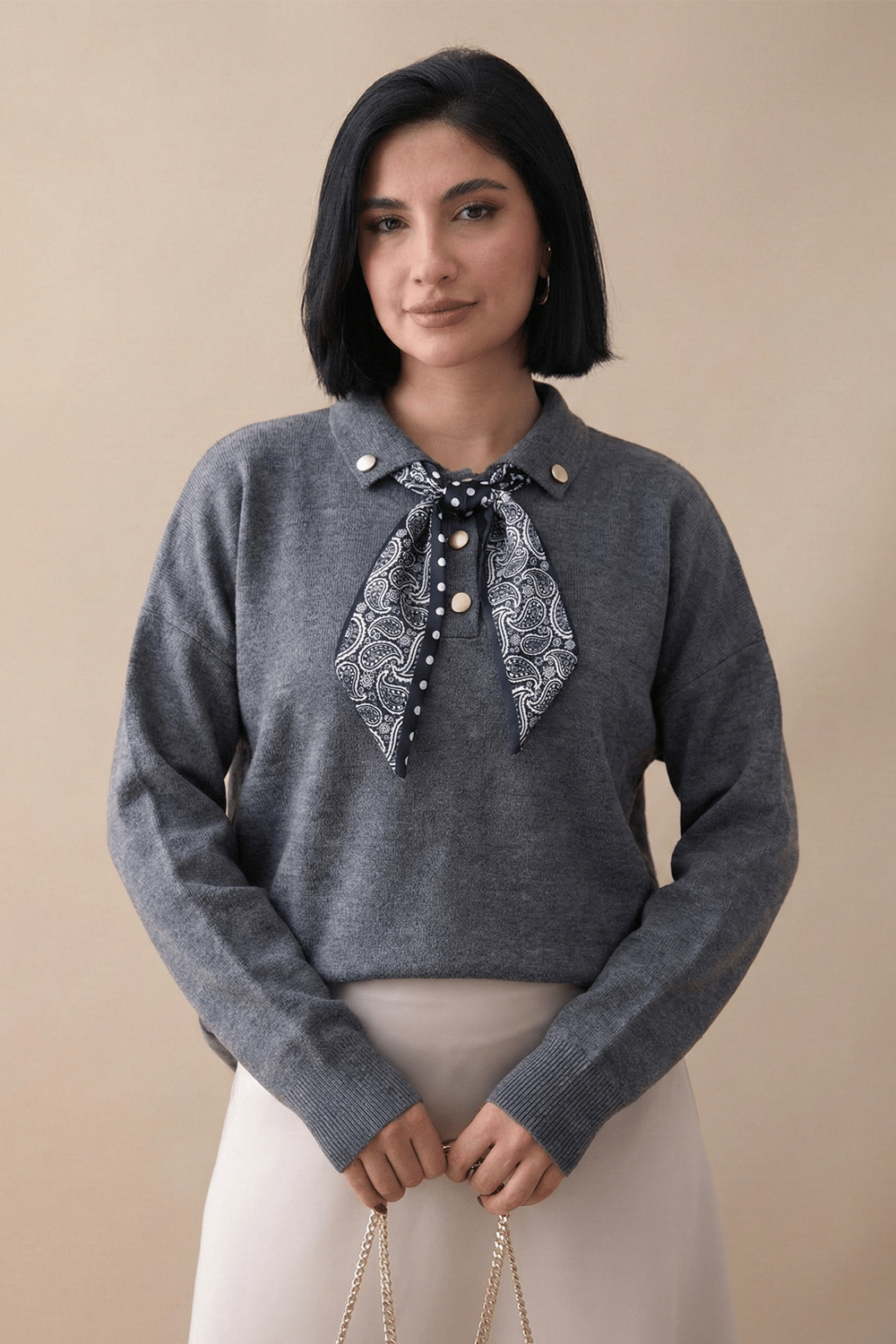 Fularlı Triko Gri Tunik