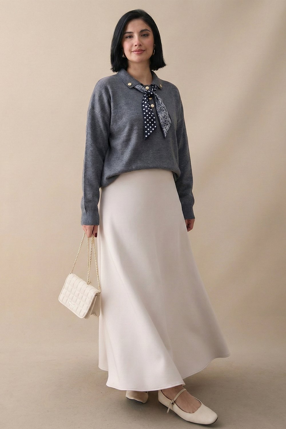 Fularlı Triko Gri Tunik
