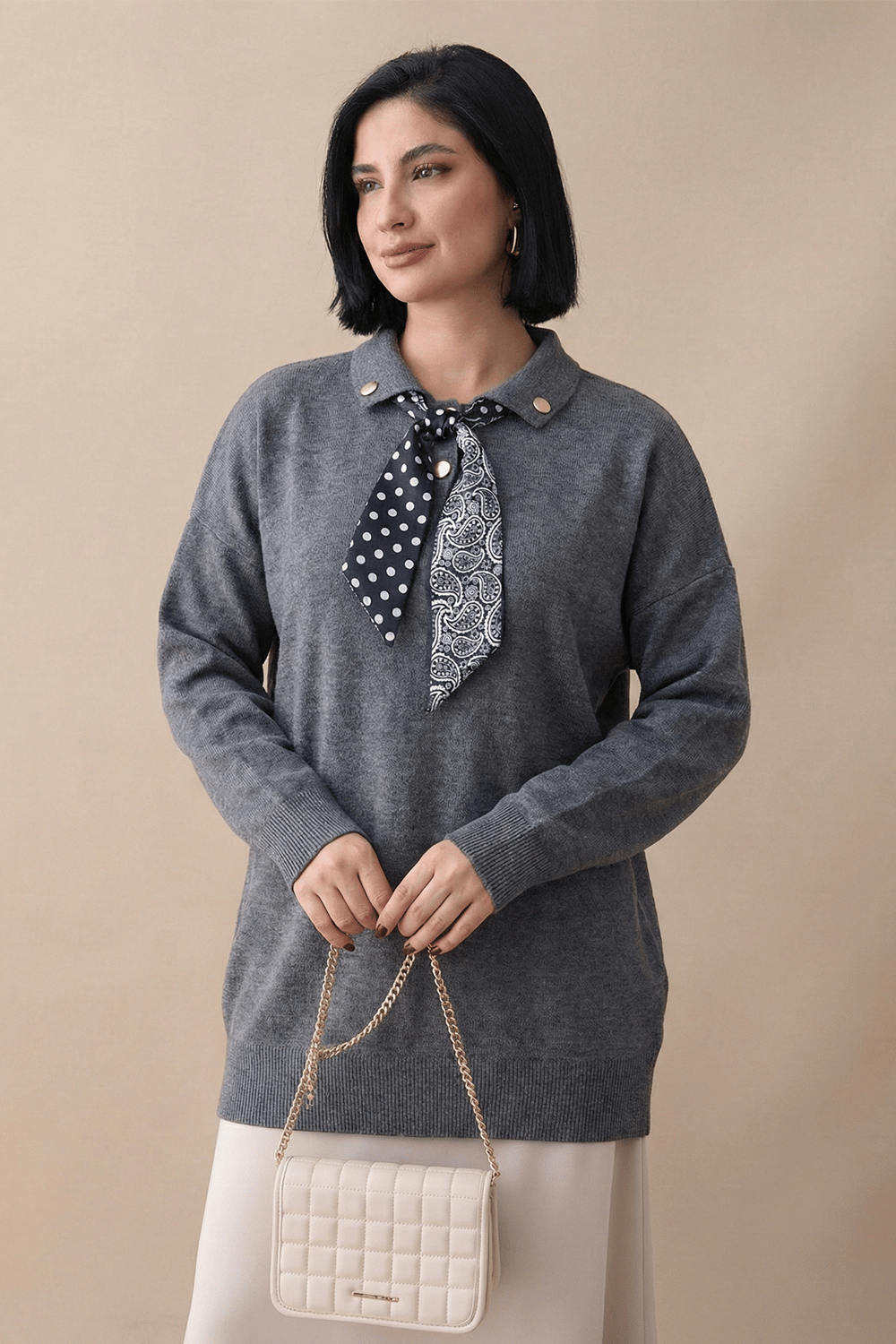 Fularlı Triko Gri Tunik