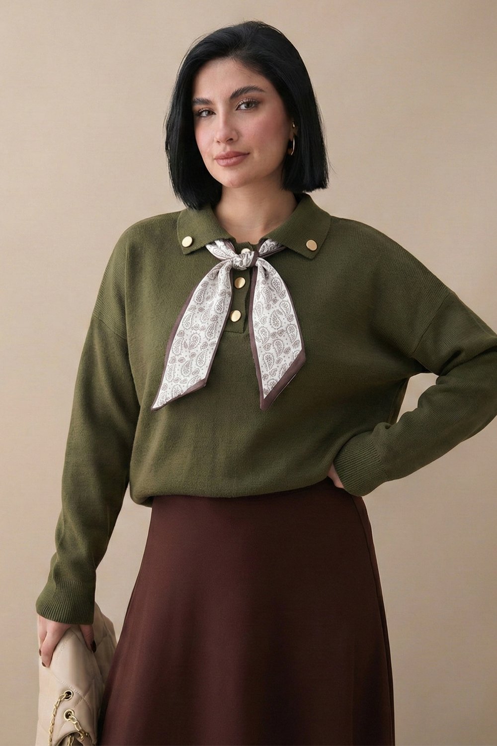 Fularlı Triko Haki Tunik