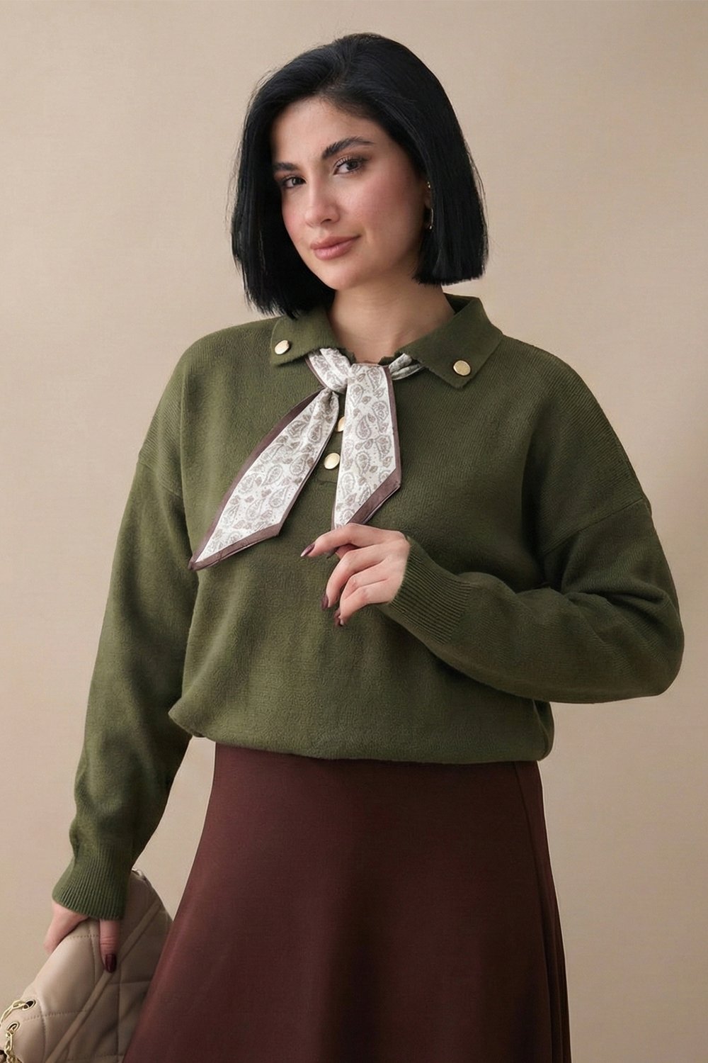 Fularlı Triko Haki Tunik