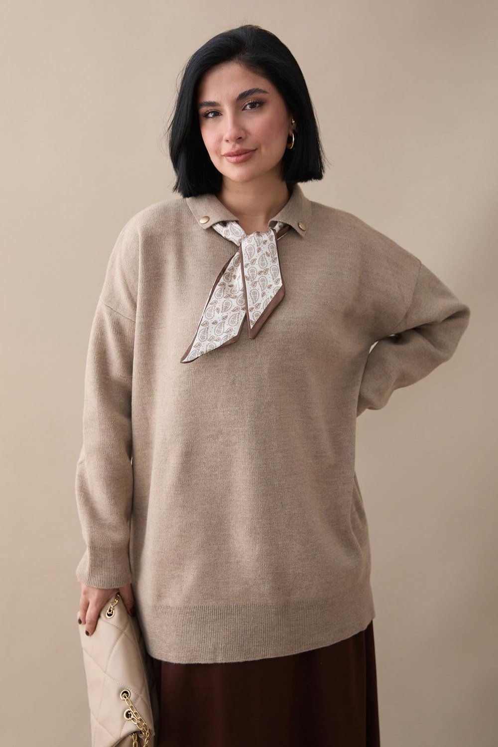 Fularlı Triko Vizon Tunik