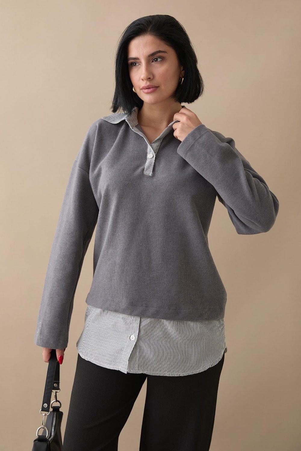 Garnili Selanik Kumaş Gri Sweat