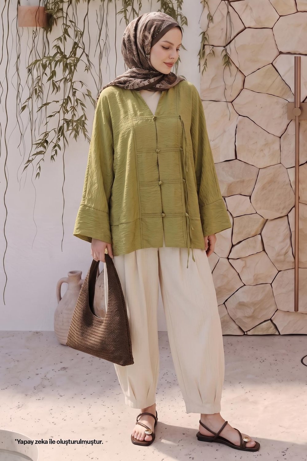 Geniş Kol Yağ Yeşili Kimono