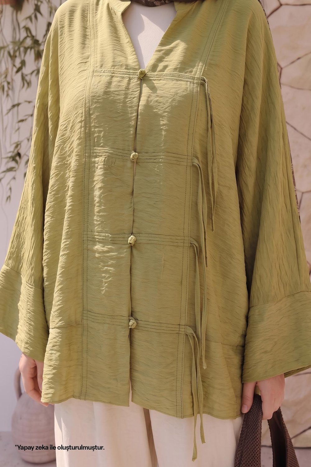 Geniş Kol Yağ Yeşili Kimono