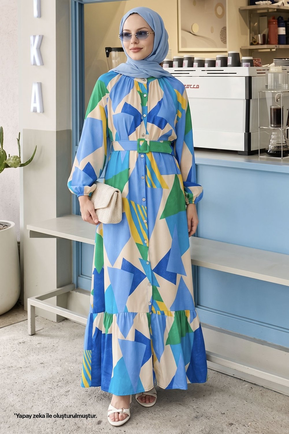Geometric Pattern Belted Blue Viscose Dress