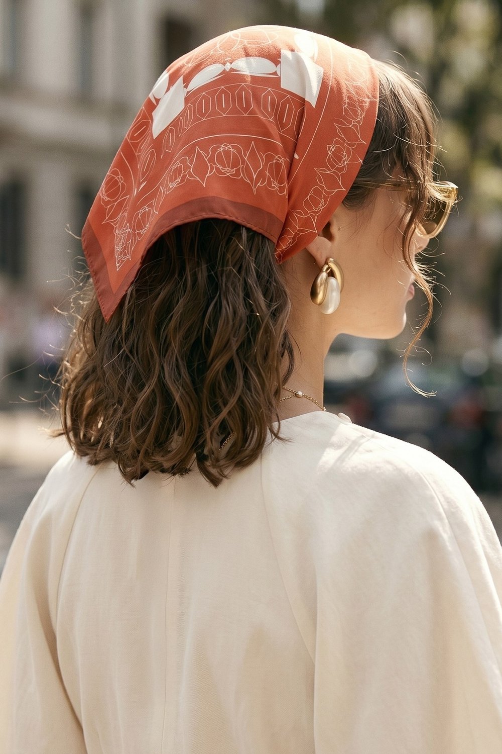 Geometrik Desenli Koyu Turuncu Bandana Fular 50x50