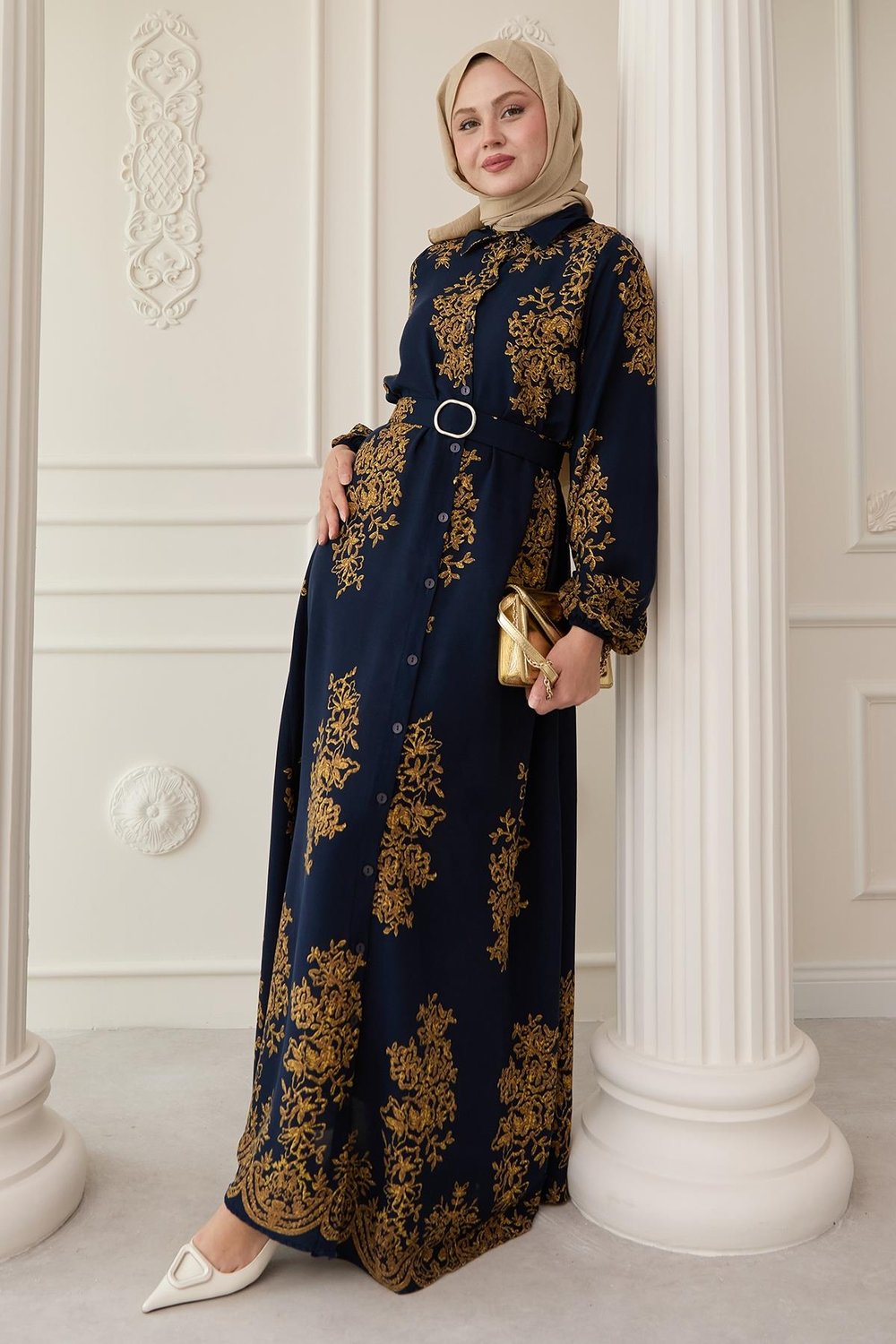 Gold Desenli Lacivert Viskon Elbise