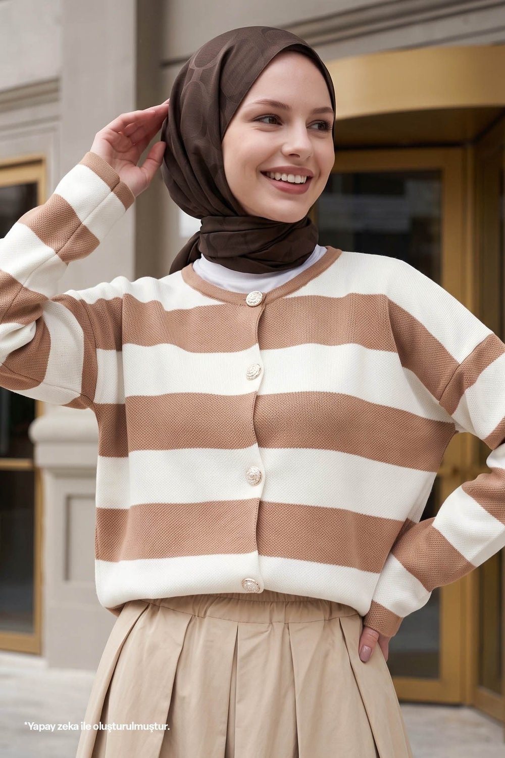 Gold Button Striped Camel Knit Cardigan