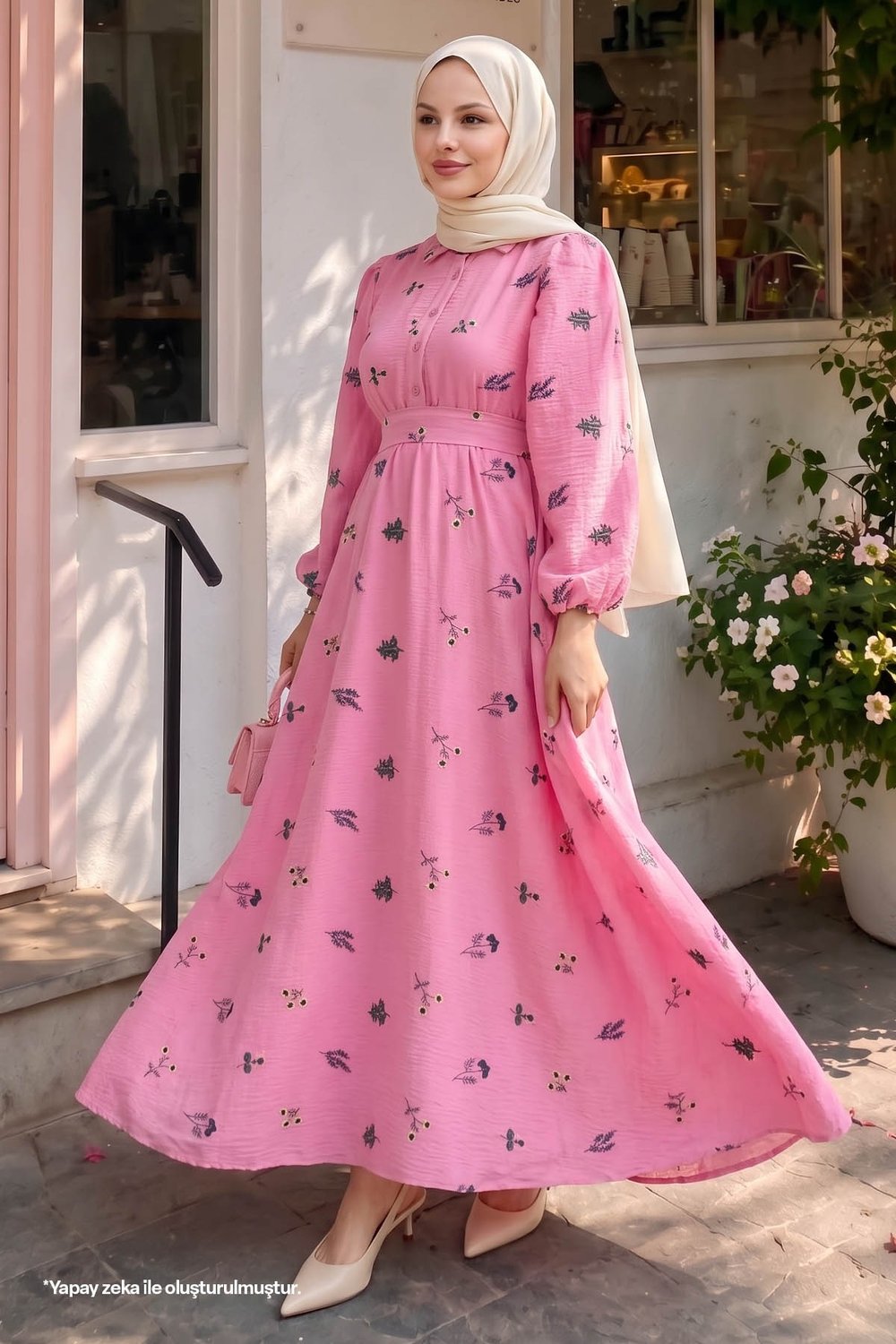 Shirt Collar Embroidered Fuchsia Dress