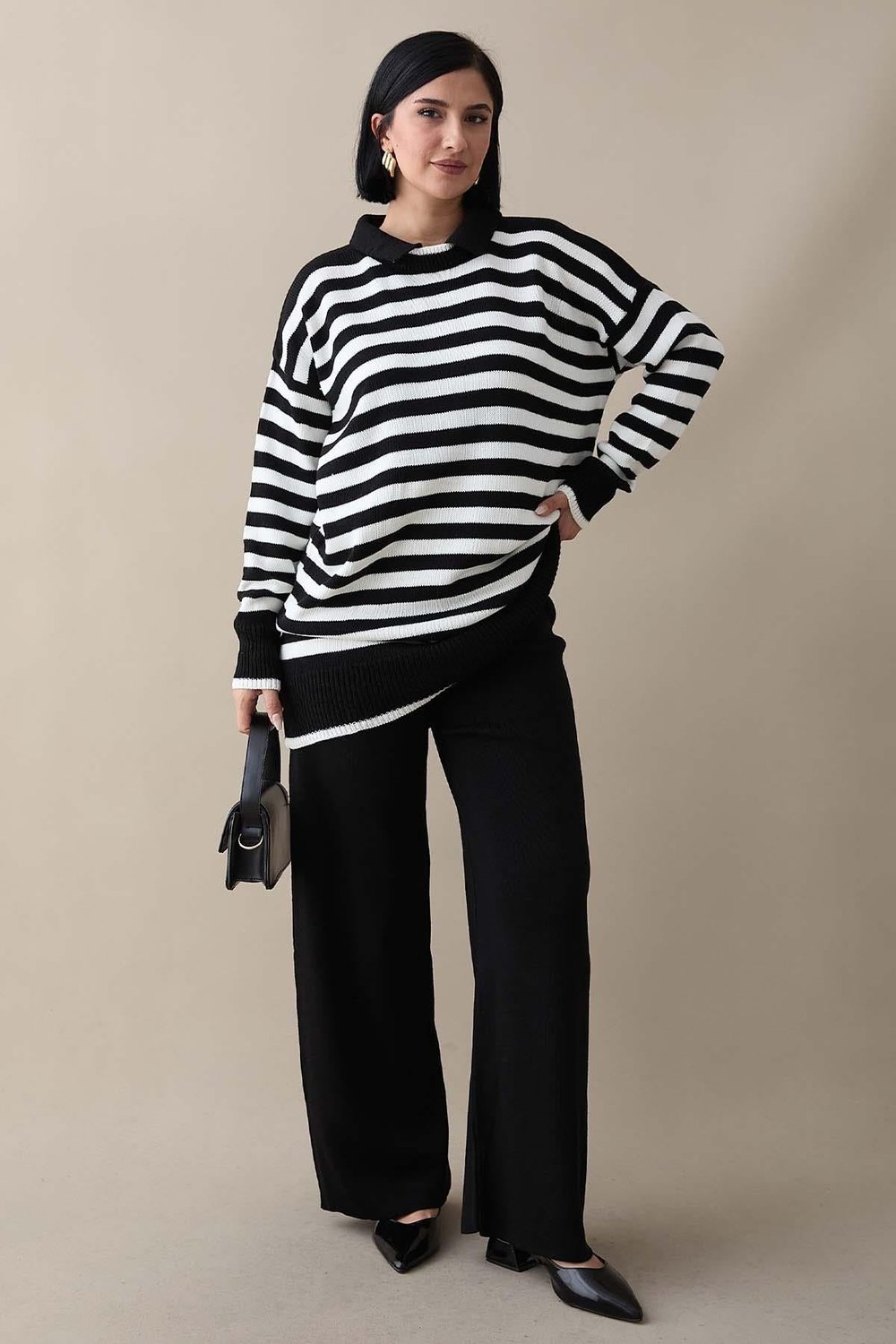 Shirt Collar Striped Black Knit Set