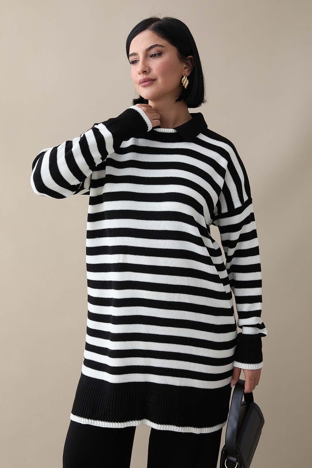 Shirt Collar Striped Black Knit Set