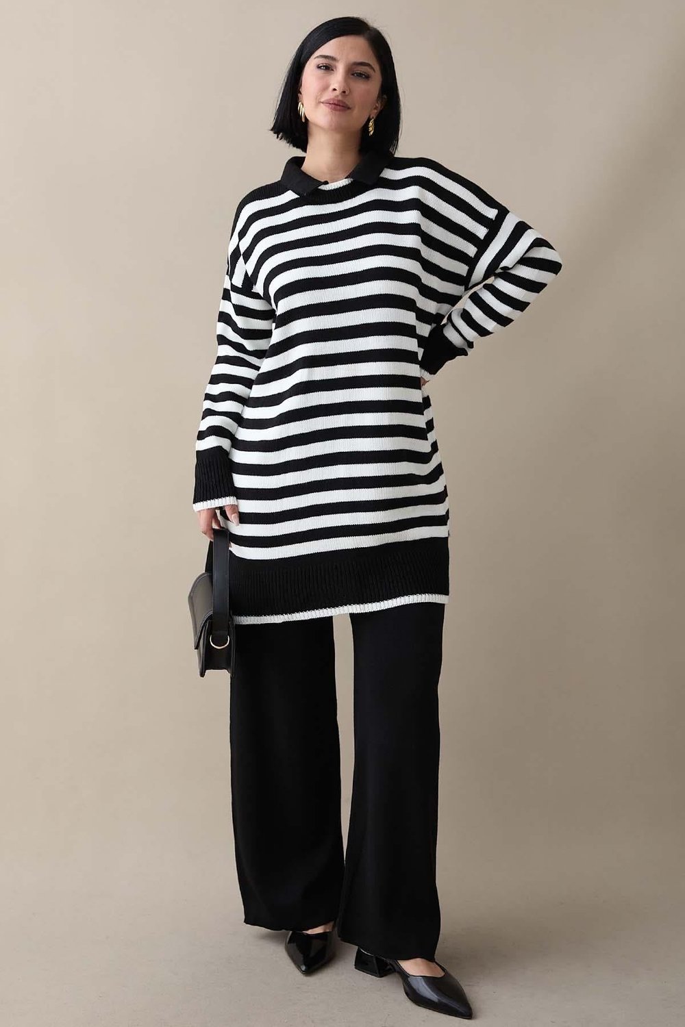 Shirt Collar Striped Black Knit Set