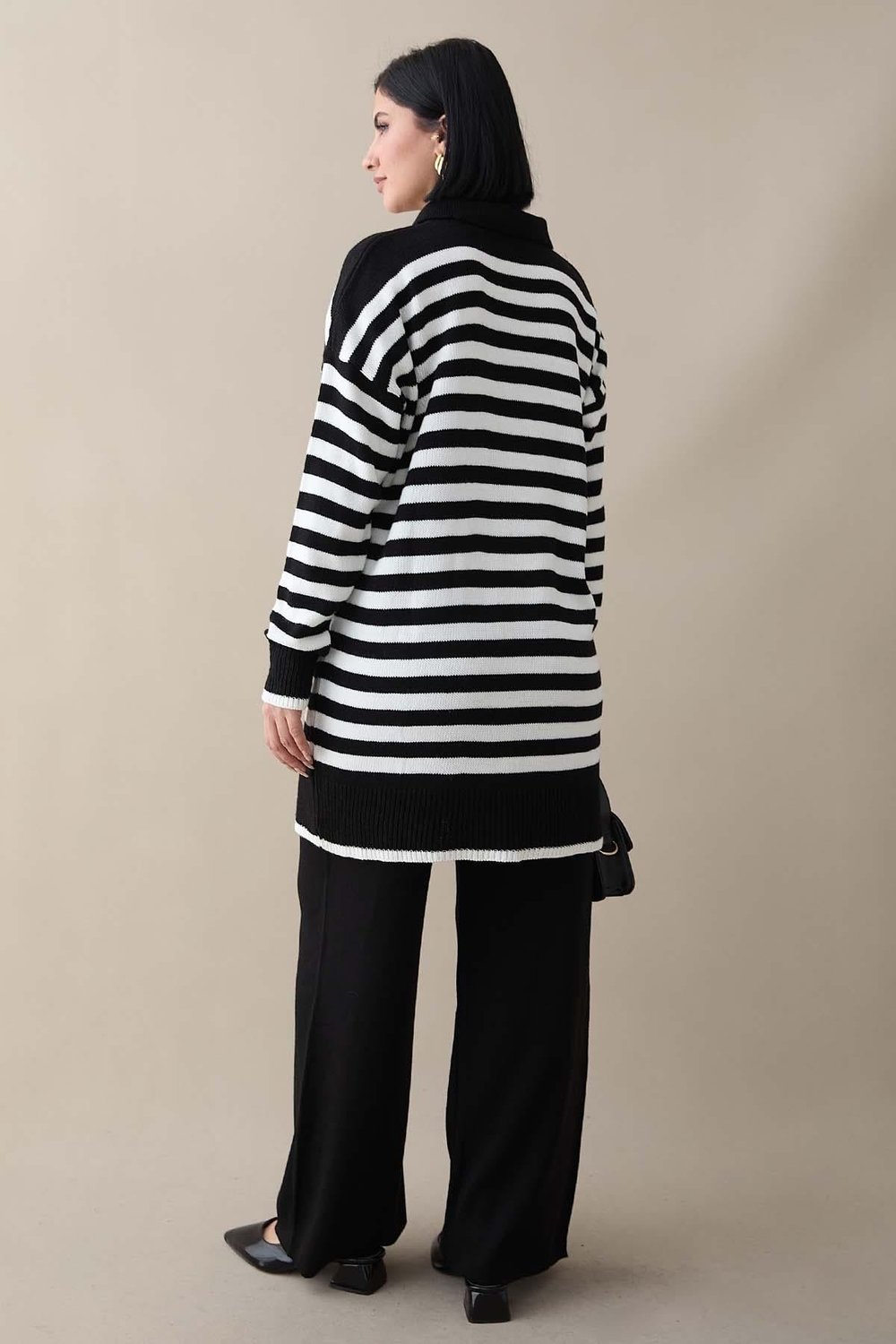 Shirt Collar Striped Black Knit Set