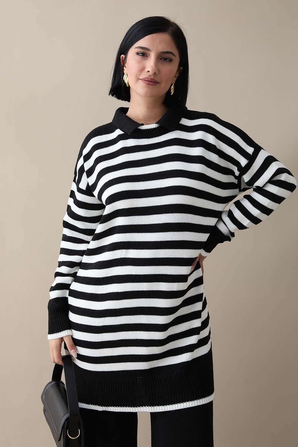 Shirt Collar Striped Black Knit Set