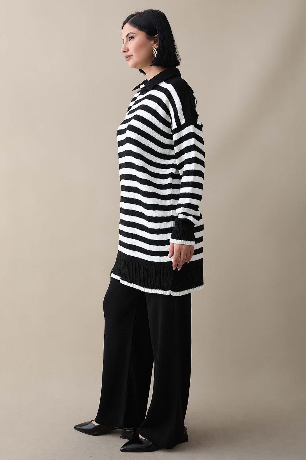 Shirt Collar Striped Black Knit Set
