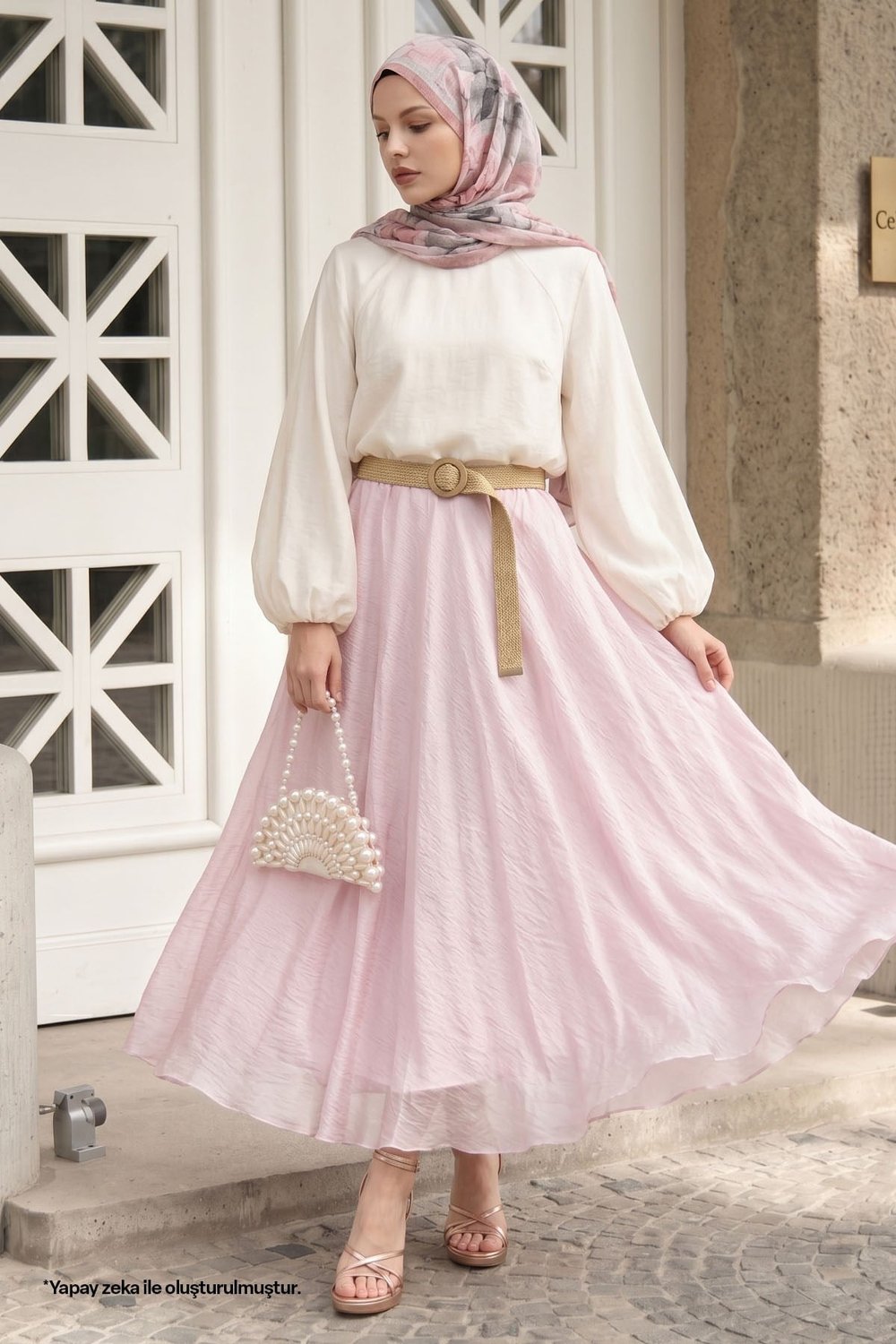 Hasır Kemerli Pembe Tül Etek