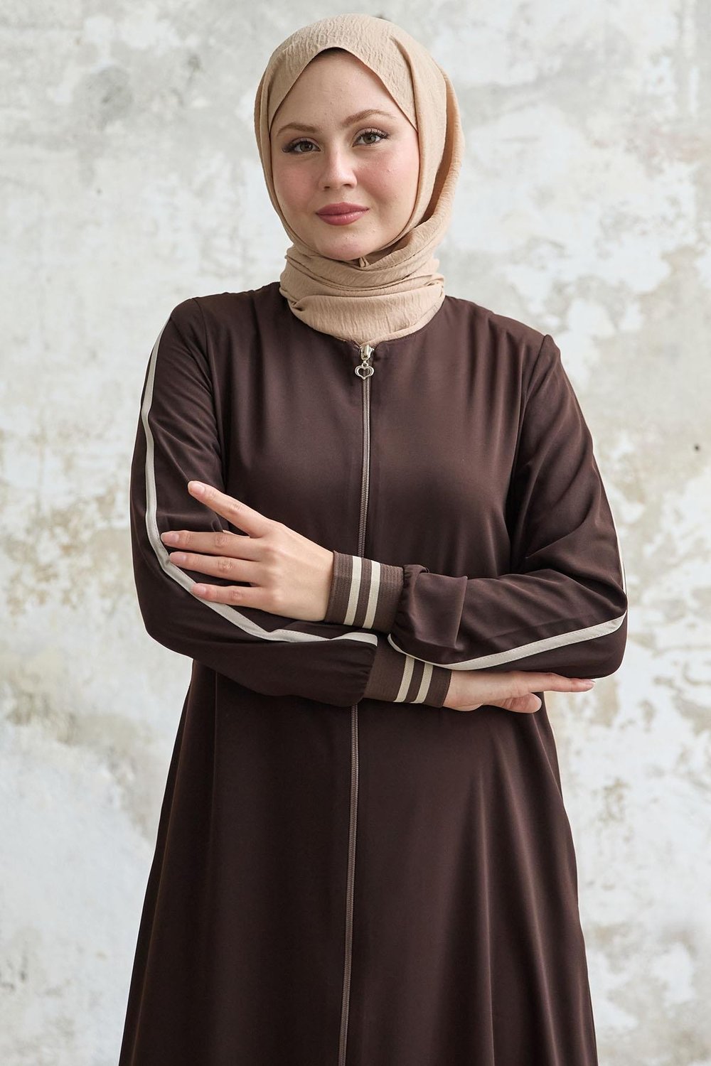 Hazel Şerit Desen Ribanalı Acı Kahve Ferace