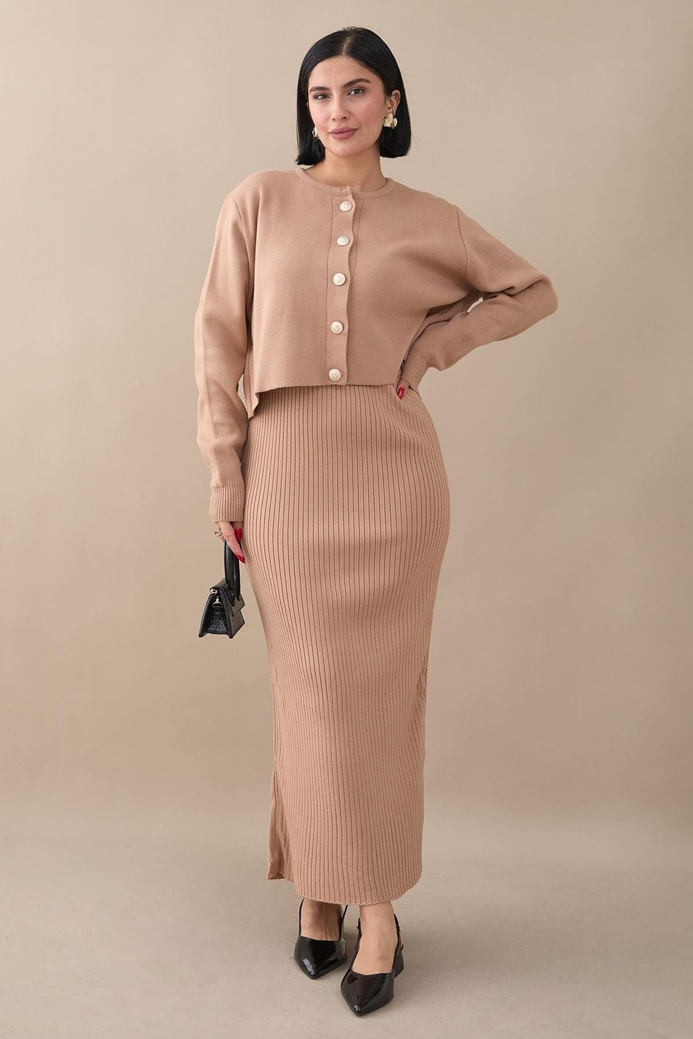 Cardigan Ribbed Two-Piece Beige Knit Set