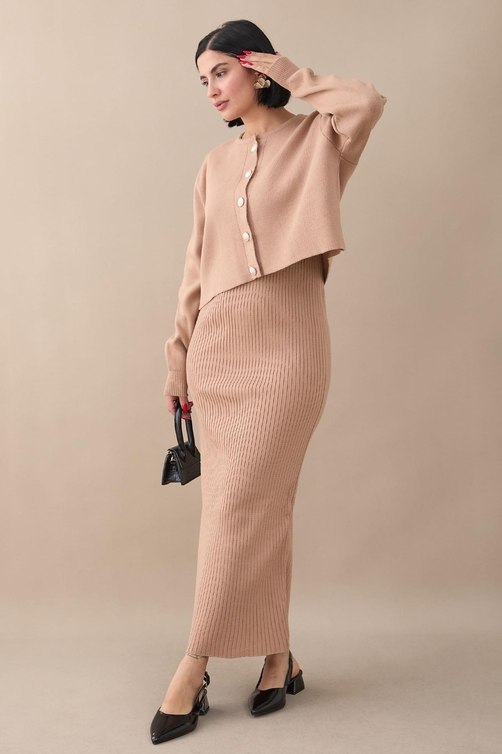Cardigan Ribbed Two-Piece Beige Knit Set