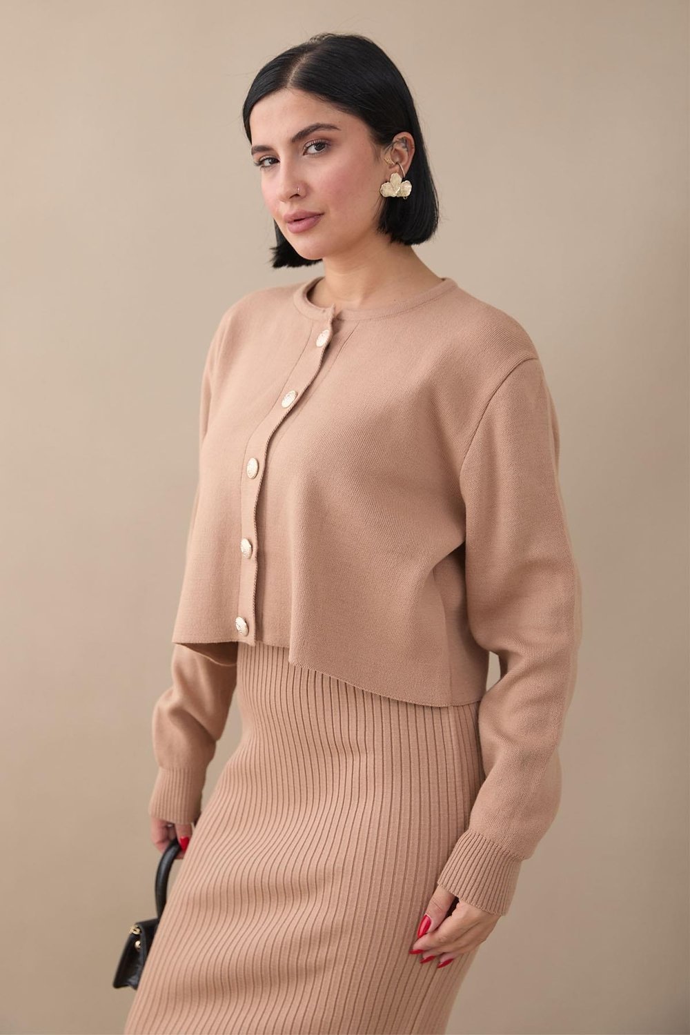 Cardigan Ribbed Two-Piece Beige Knit Set