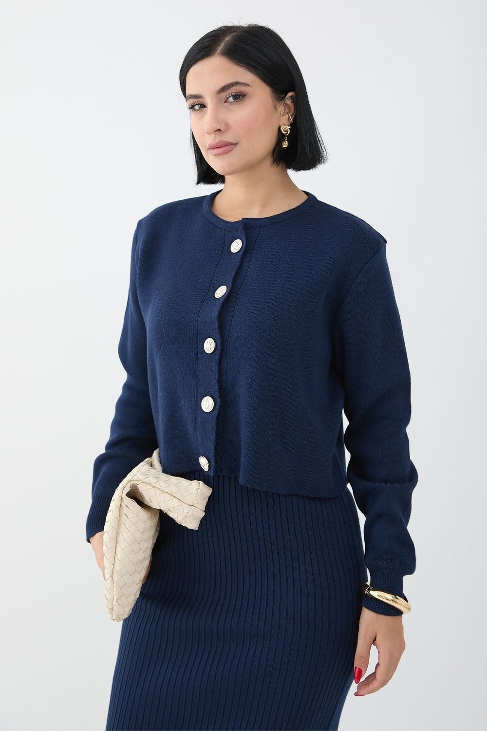 Cardigan Ribbed Two-Piece Navy Knit Set
