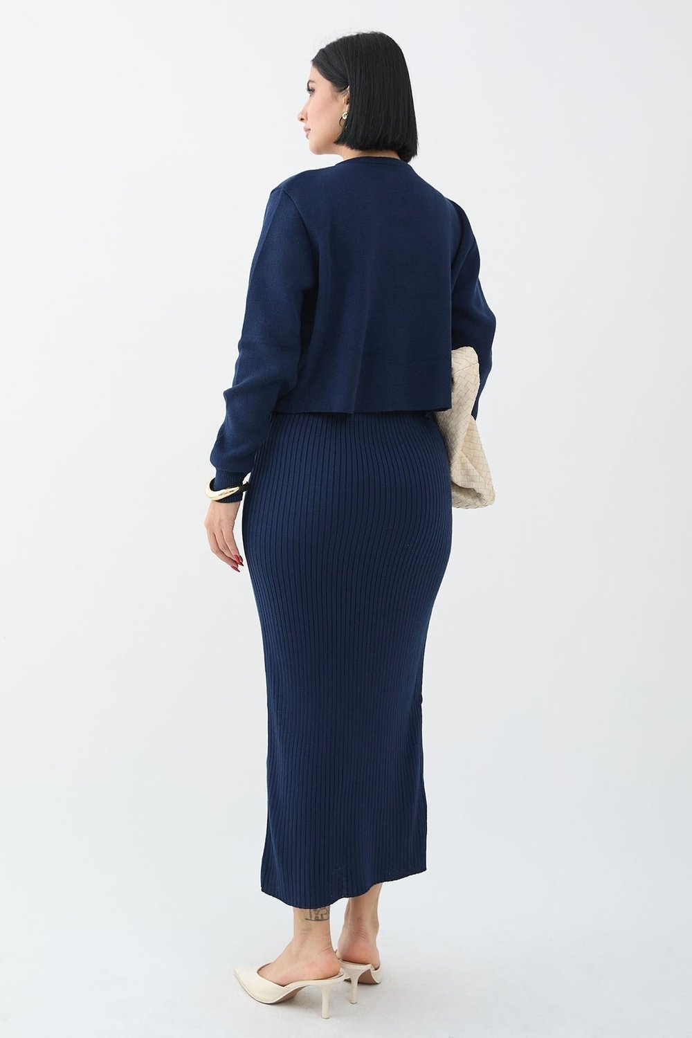 Cardigan Ribbed Two-Piece Navy Knit Set