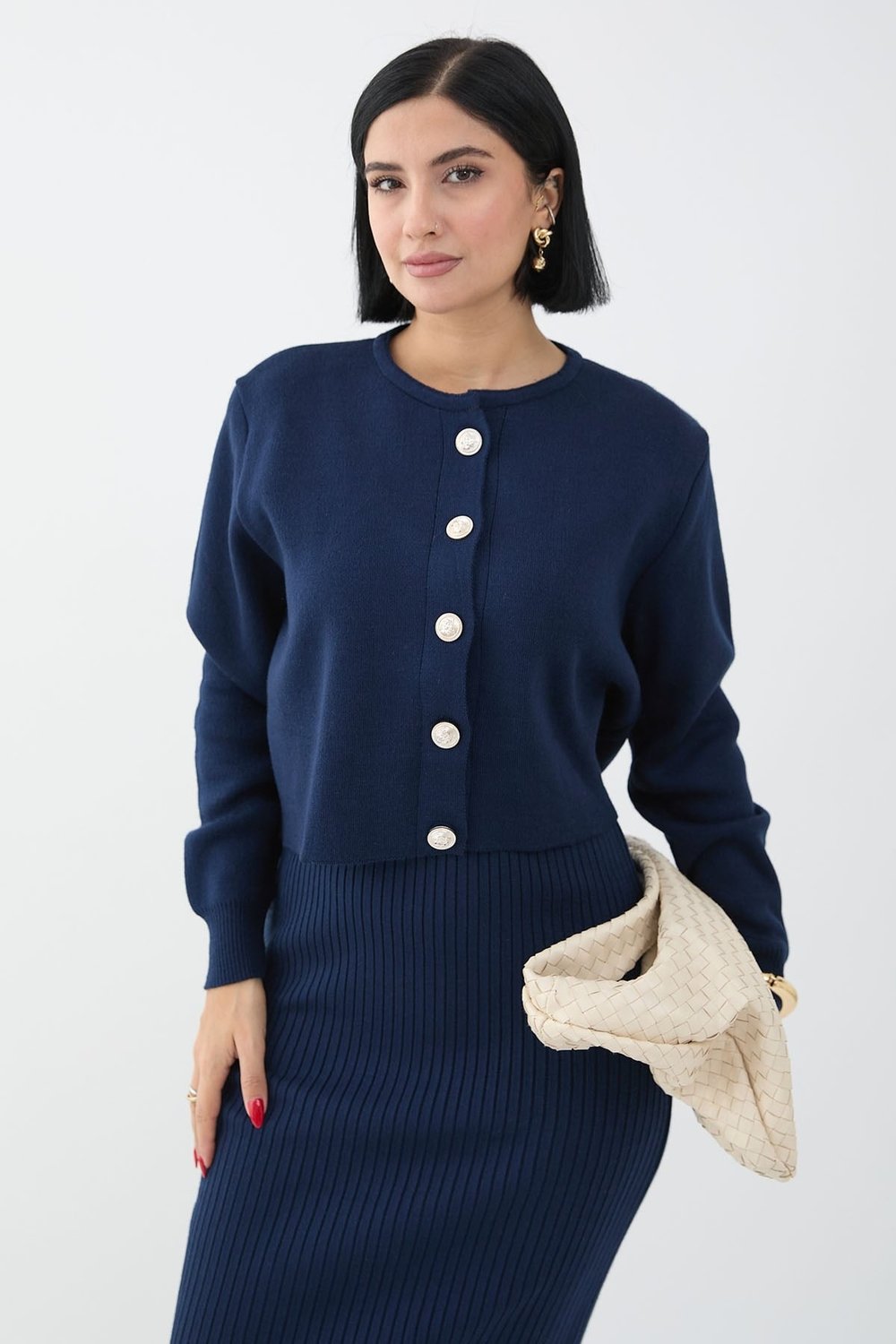 Cardigan Ribbed Two-Piece Navy Knit Set