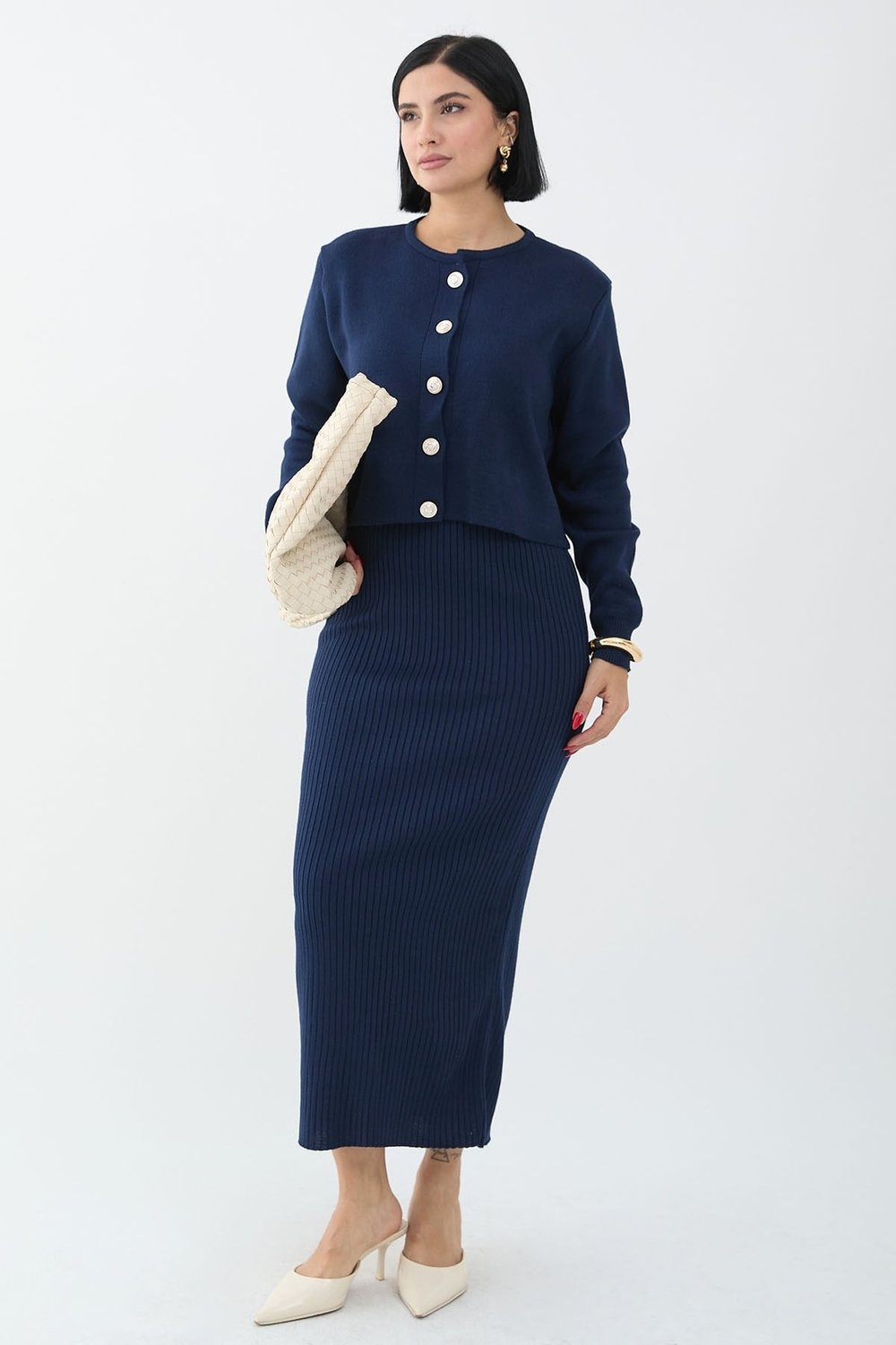 Cardigan Ribbed Two-Piece Navy Knit Set