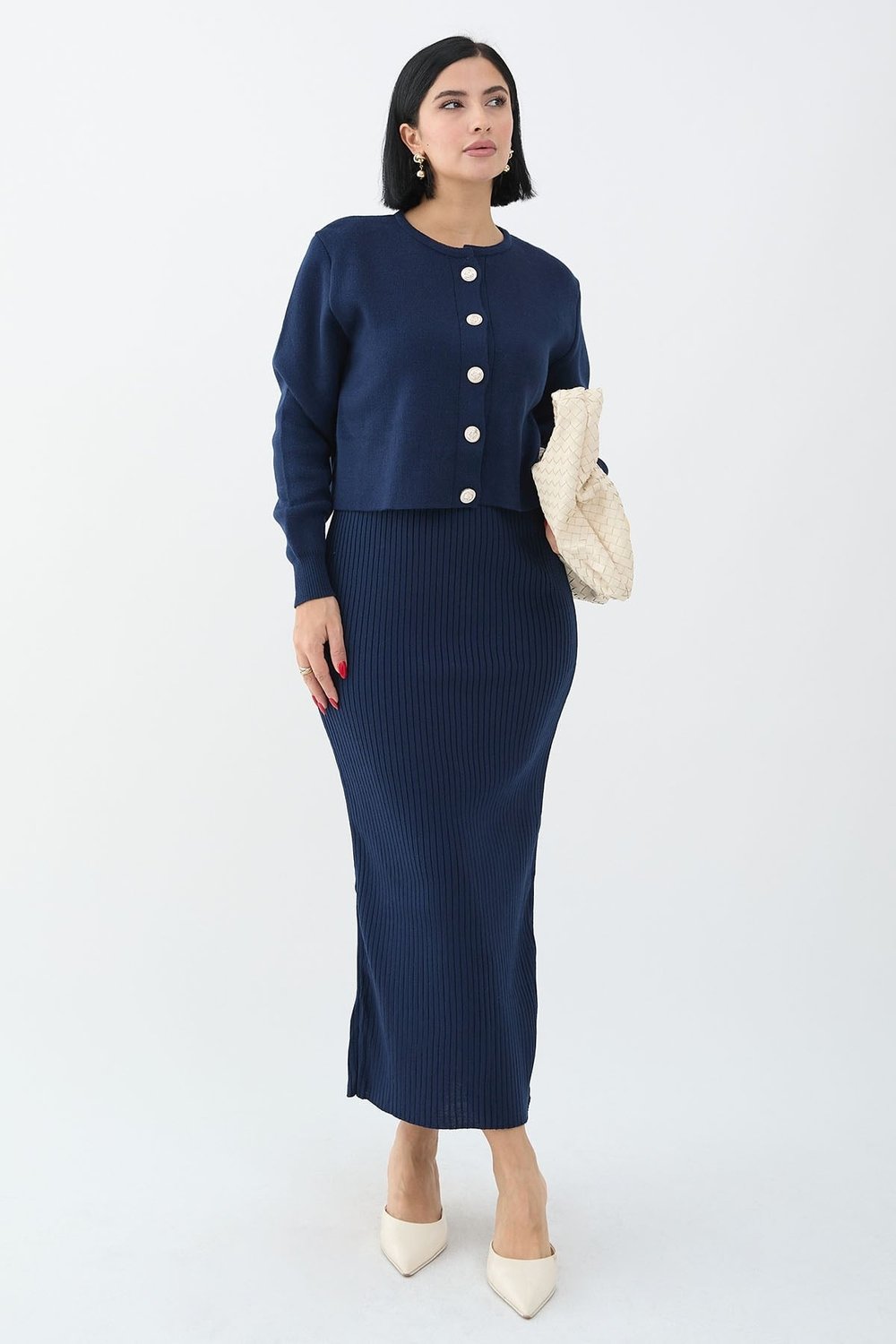 Cardigan Ribbed Two-Piece Navy Knit Set