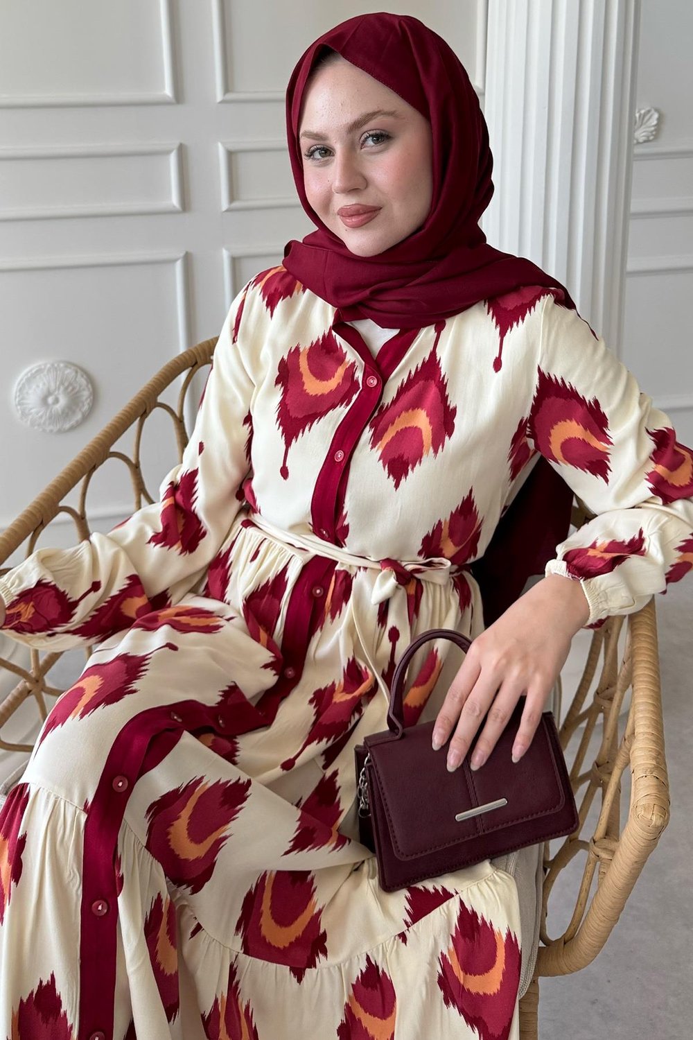 İkat Desen Bordo Viskon Elbise