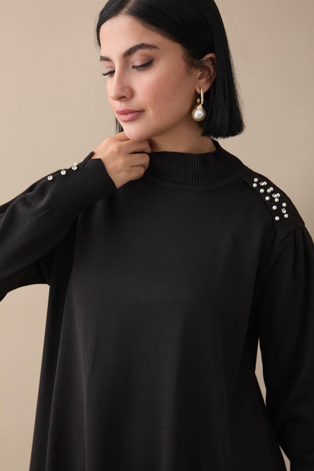 Pearl Detail Black Knit Sweater